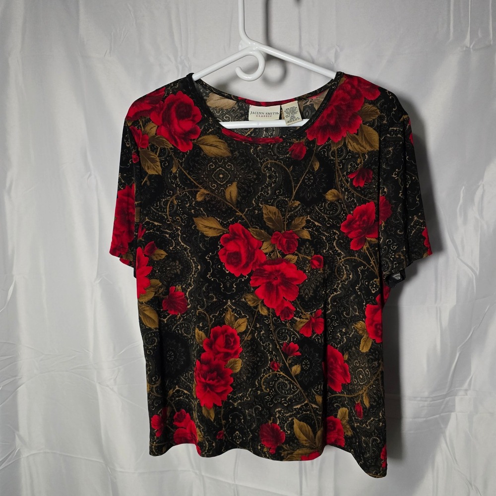 Y2k Jaclyn Smith Womens Large Red Rose Floral Paisley Short Sleeve Shirt Top